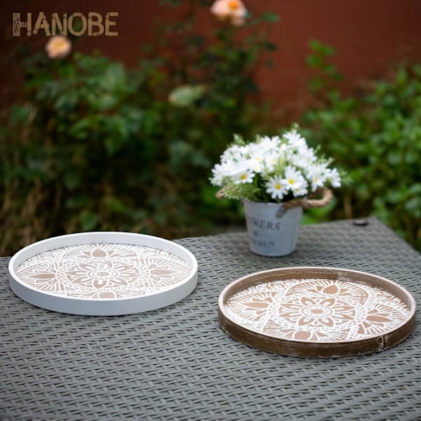 Rund træ dekorativ bakke: Rustik hvid Boho sofabord bakke Farmhouse bakke dekor midtpunkt træ cirkel osmannisk serveringsbakker til hjemmekøkken Whitewash Lotus30cm