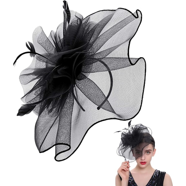 Fascinator Hat for Women Girl Flower Mesh Veil Elegant Feather Headband Retro Cocktail Tea Bridal Shower Hair Clips Pillbox Hat Tea Party Wedding He Black ML