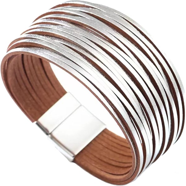 Smykker Glitrende Læder Wrap Armbånd til Kvinder Håndlavet Flettet Boho Multilayer Magnetisk Spænde Armbånd Håndledsrem Manschet Bangle Fødselsdagsgaver Silver