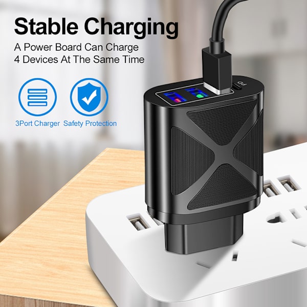 4-ports enhetslader, reiselader, 2.4A, hurtiglading, EU, USA, 48W, 3 USB + PD