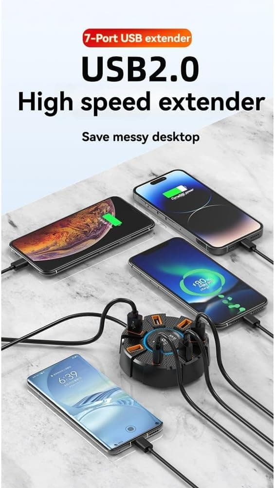 USB 2.0 Multi-Port Hub-adapter — 5 Gbps høyhastighets USB-utvider (med strømadapter), for stasjonære og bærbare datamaskiner — 7 porter, 1,2 m kabellengde