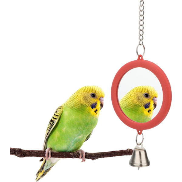 d Spejl med Klokke Interaktiv Papegøje Legetøj Fuglebur Spejl til Kakadue Parakitter Kanariefugle Budgie (RØD) RED