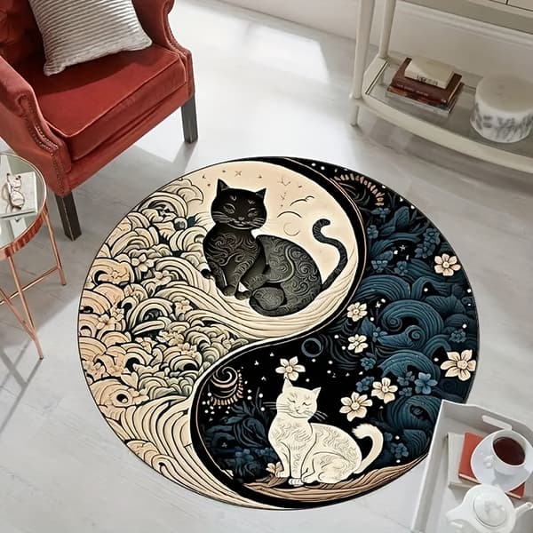 Rundt tæppe med Yin-Yang katte-design — Blød krystalfløjl, maskinvaskbart, polyestermateriale