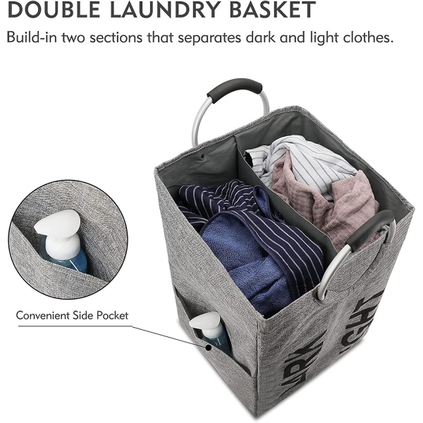 90l X-large dobbelt linned vasketøjskurv, sammenklappelig vasketøjskurv, sammenklappelig tøjtaske - holdbar og nem at rengøre (mørkegrå)