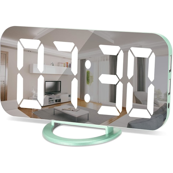 Digital Klocka med Stor Display, Väckarklocka med Spegel, 2 USB-Laddningsportar, Automatisk Dämpning, Snooze, Liten Elektrisk Klocka för Sovrum Kontor Green