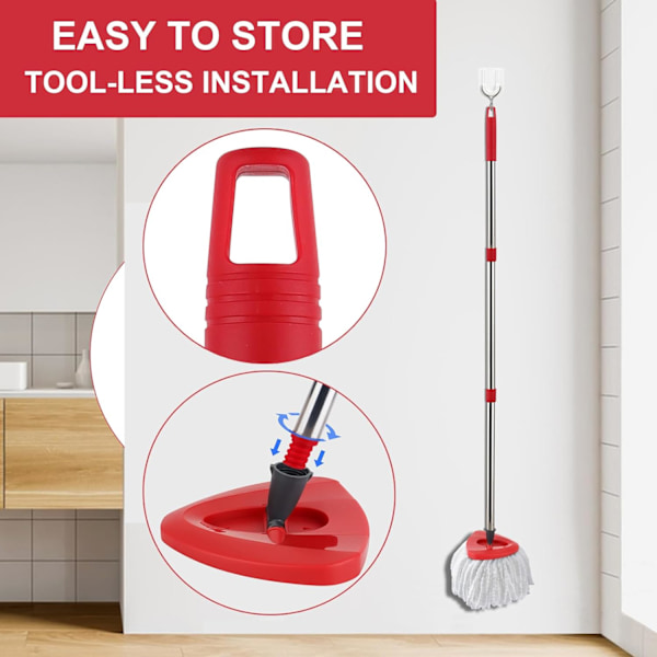Punainen pyörivä mopin pääosa ja moppivarsi Vleda Turbo Spin 2-in-1 -säiliömoppiin, kolmion muotoinen pyörivä mopin päälevy Turbo Smart /E -moppiin Red Base,silver Handle