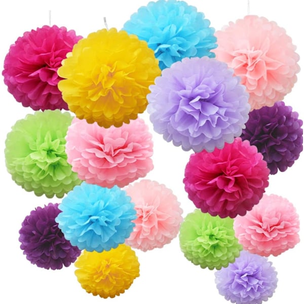 16pcs Mix Tissue Paper Pompoms Pom Poms Flower Handmade Wedding Party Decorations Balls, Bright Shade