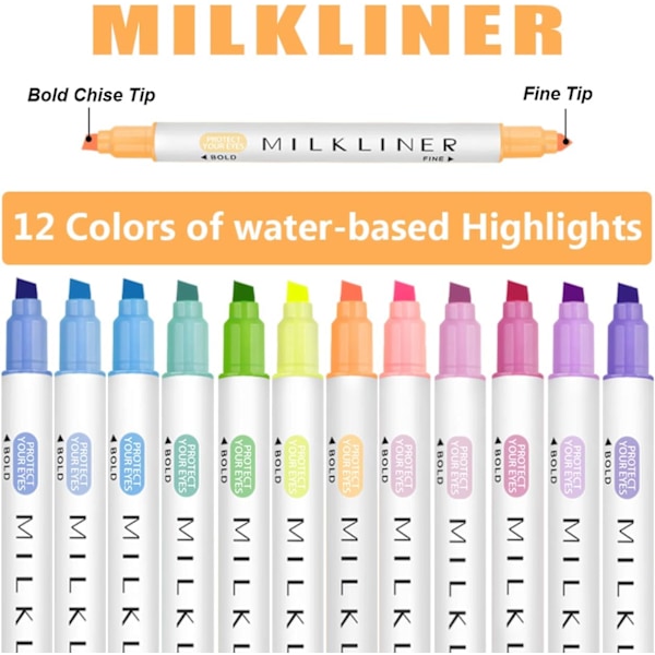 Dobbelt Highlighter Penne Assorterede Farver, 12 Farver Bred og Fin Spids Highlighter Pastel Markør Sæt til Studerende Kontor Klasseværelse 12 Pcs Assorted