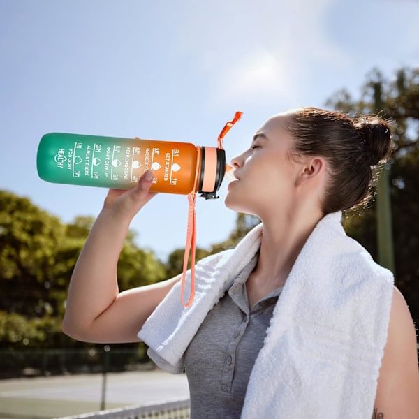 Stor Vandflaske, 1000ml Sportsvandflasker med Strå, BPA Fri, Lækagesikker, Tritan Plastik, Motiverende Drikkflaske til Træning Udendørs Løbetur Orange Green 1000ml