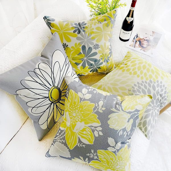 Utomhuskuddar Grå Gul Blomma Daisy Kuddfodral Set om 4