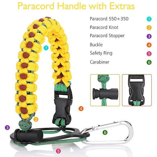 Paracord-kahva vesipullolle, köysi, auringonkukka, punottu laskuvarjohyppyhihna Hydro Flaskille