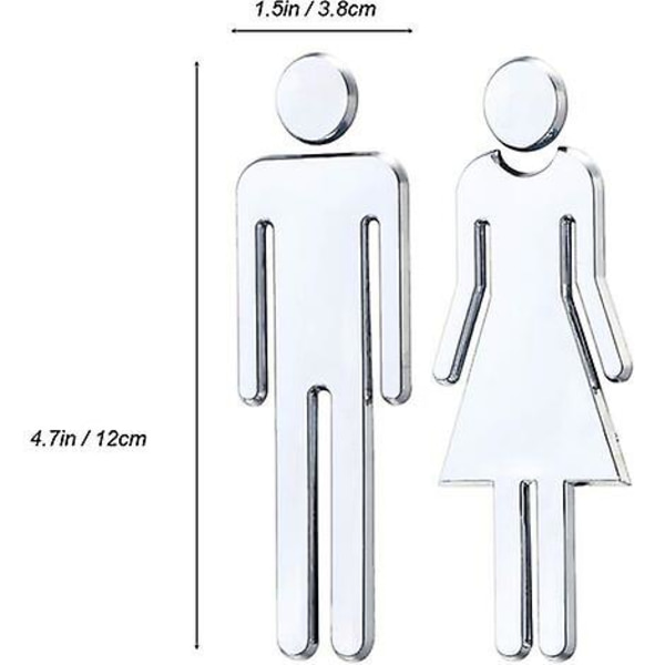 1 par toalett WC-klistermärke avtagbar 3d spegel vinyl konst väggklistermärke män kvinnor väggkonst klistermärken för bar skola (silver)