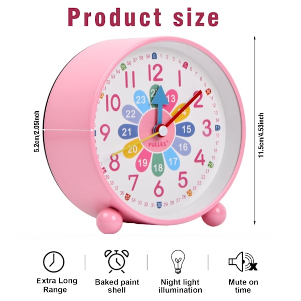 Vækkeur til Børn, Lydløs Analog Kvartsur med Snooze og Lys, Vækkeur til Sengen til Børn, Lær at Læse, til Drenge og Piger pink