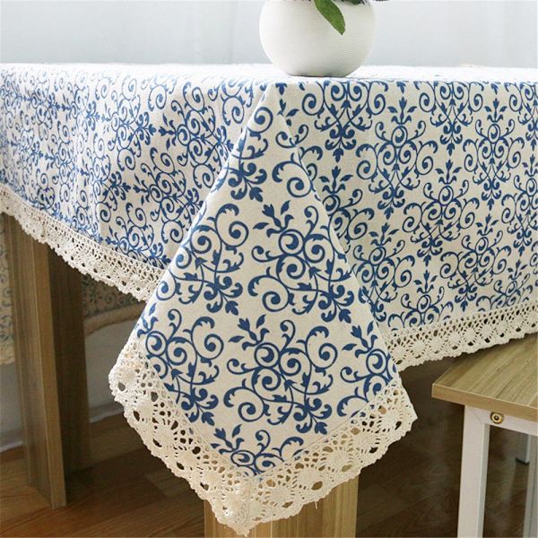 Klassisk bomuldsdug i hør med blåt blomsterprint (60*60cm)