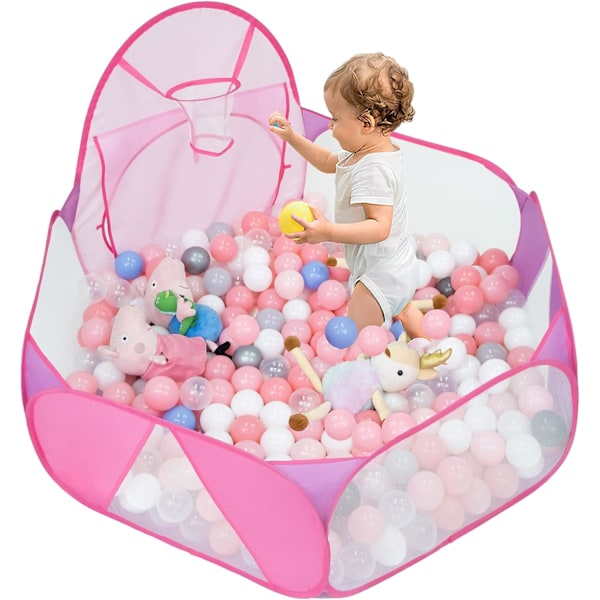 Barnbollhav Stor Pop Up Barnbollhav Tält för Småbarn Lekhus Baby Kryp Spjälsäng med Basketkorg och Dragkedja Förvaringsväska, 4 fot/ Pink