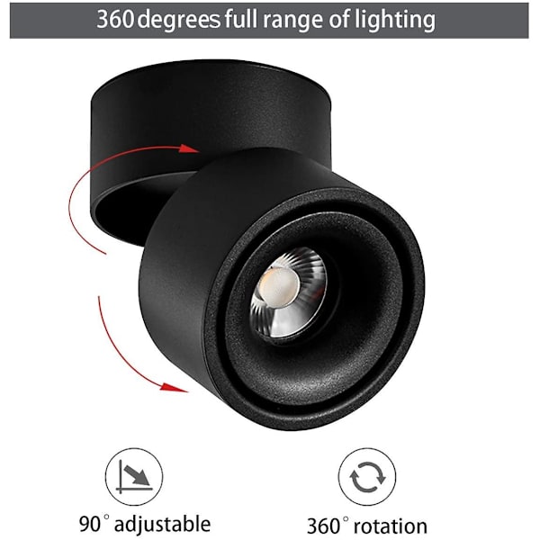 12w LED-loftspot, justerbar lampehusvinkel, loft- og væglampe, LED-loftbelysning, 10x10x10cm (sort-3000k) [energiklasse A+]