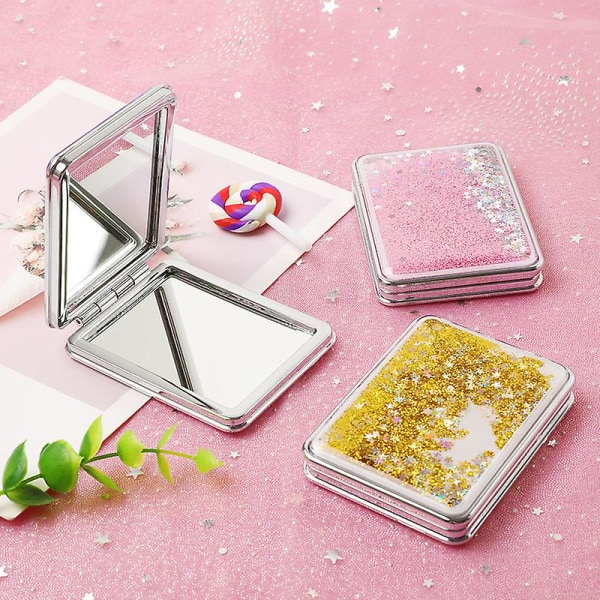 Dobbeltsidig Kompakt Sminke Speil Deksel Med Glitter Rektangel Og Rund Magnetisk Folding Speil (2 stk, Rosa)