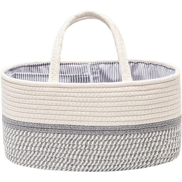 Babyblöj Caddy Organiser, Bärbar Bomullsrep Vävd Blöj Caddy - Barnkammare Förvaring, DIY Korg med Utbytbara Fack, Nyfödd Duschpresent 8gugray