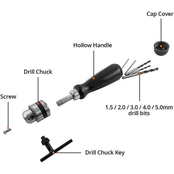 Håndbor med 5 stk Mini forsenket spiralbor (1,5-5 mm), manuelle boreverktøy for gjør-det-selv-boring