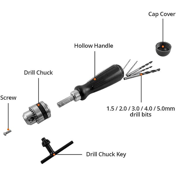 Handborr med 5 st Mini Countersink Twistborr (1,5-5 mm), Manuell Borrverktyg för DIY-borrning