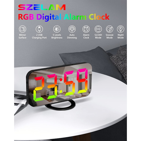 LED RGB Digital Vekkerklokke, med 11 Fargemoduser, Speiloverflate, Dobbel USB-Laderporter, Moderne Bordklokker for Soverom Hjemmekontor Dekor - Svart Blackrgb