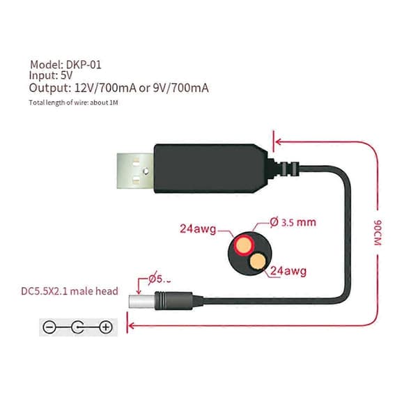 USB-latauskaapeli DC 5V - 12V 1A Step UP -muunninsovitin USB-kaapeli tehostinkomponentilla