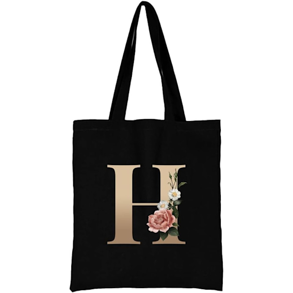 26 bokstäver tryckt canvas återanvändbara matkassar, hopfällbar casual resehandväska, axel strand tote väskor, shopper väska miljövänlig superstark tvättbar Gold H
