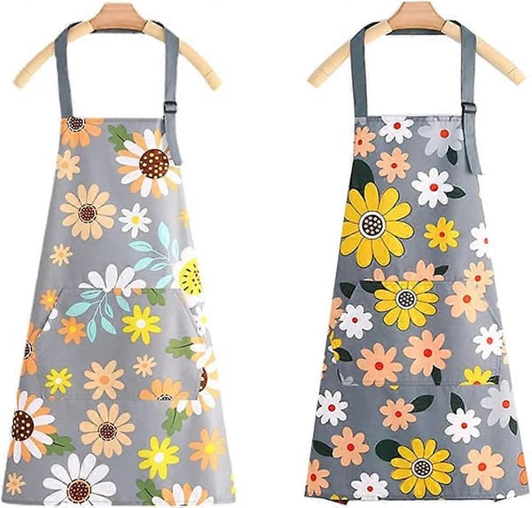 Vattentäta förkläden för köket, 2-pack blommiga förkläden med fickor