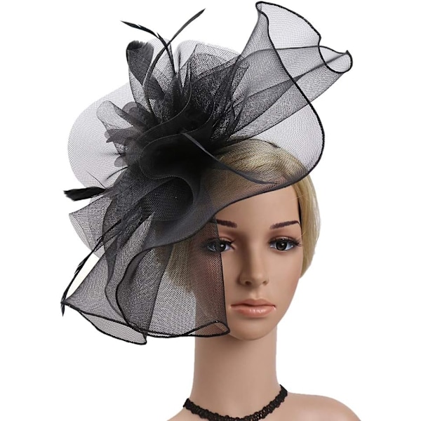 Fascinator Hat til kvinder, pige, blomst, net, slør, elegant fjer, pandebånd, retro, cocktail, te, brudebad, hårklemmer, pillbox hat, te-selskab, bryllup Black ML