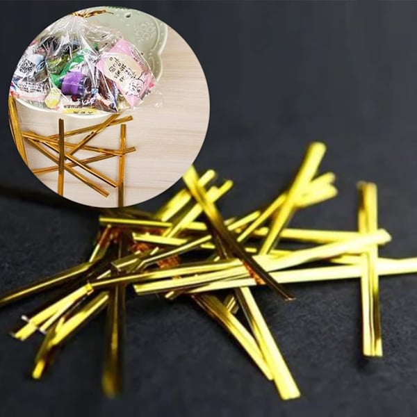 Tommer metalliske snoede bånd genanvendelige posebånd plastik brød snoede bånd til slikposer, kaffeposer, snacks, kagepops, festartikler (guld)