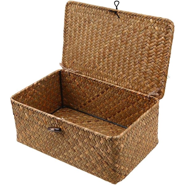 ker Opbevaringskurv Flettet Rattan Opbevaringsboks Med Låg Søgræs Vasketøjskurve Makeup Organizer Til Badeværelse, Stue, Køkken (S)