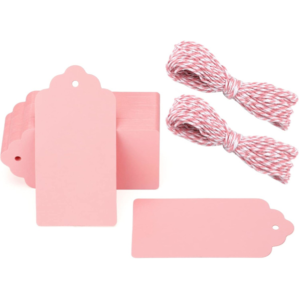 Kraft-paperiset lahjatägit - 100 kpl suuria tyhjiä lahjatägejä - 5x10 cm vaaleanpunaisia tyhjiä tarroja narulla lahjoihin, 300 g/m² Pink 5x10CM100PCS