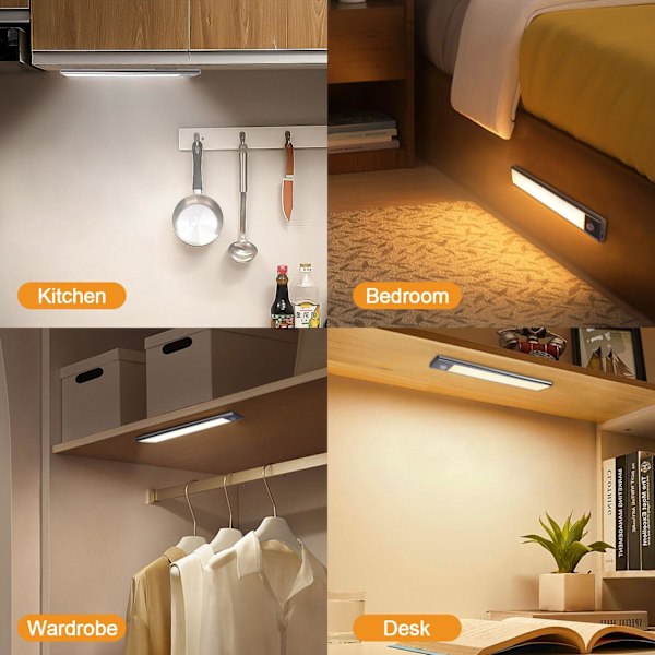 LED Skåpbelysning, 3 Färgtemperaturer Steglös Dimning, Rörelsesensor Garderobsbelysning, USB Uppladdningsbar Belysning för Garderober