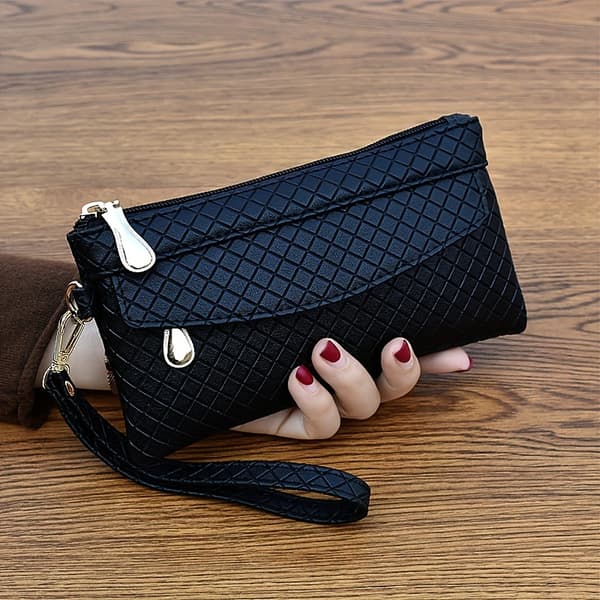Quiltet clutch til kvinder — Multi-lynlås håndtaske til telefon og penge (Sort)