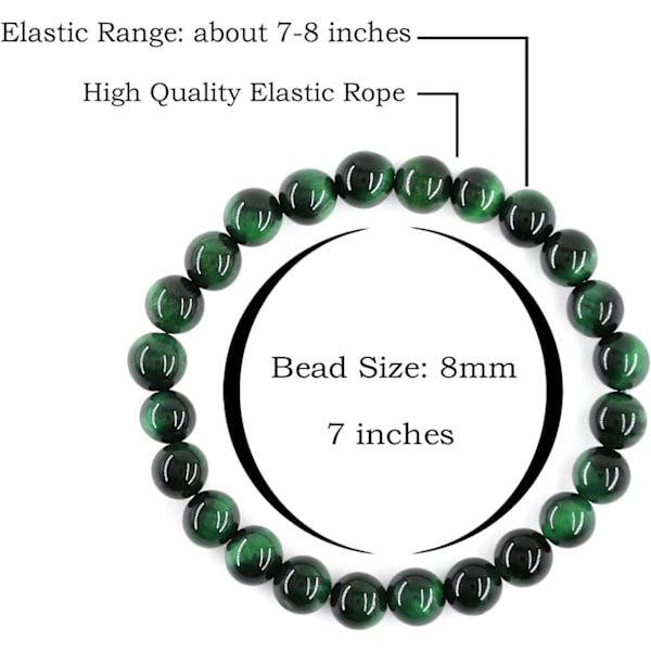 Kristall armband, 8mm Naturstenpärlor Armband, Läkande Kristall Armband för Kvinnor Män Green Tiger Eye