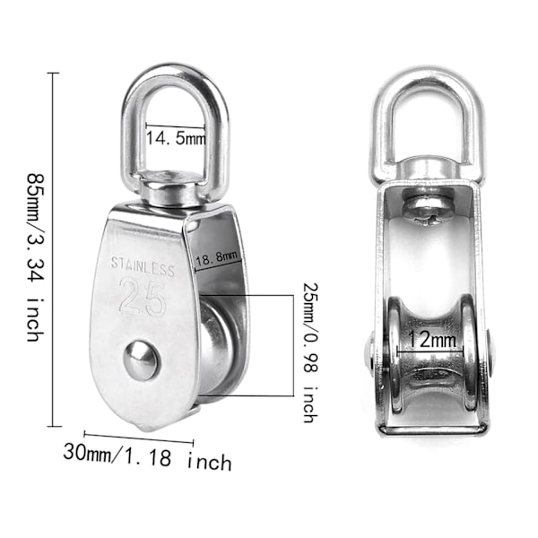 2 stk. 25 mm Enkelt Trækhjul Blokke Tungt Pullej Rullehjul i 304 Rustfrit Stål Velegnet til Reb eller Snor Indendørs og Udendørs Belastning 150 kg - Si Silver 25 mm