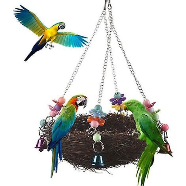 Fågelgunga - naturlig rotting - med klockor och abborre - för papegojor / parakiter / kakatier / finkar / kakaduor
