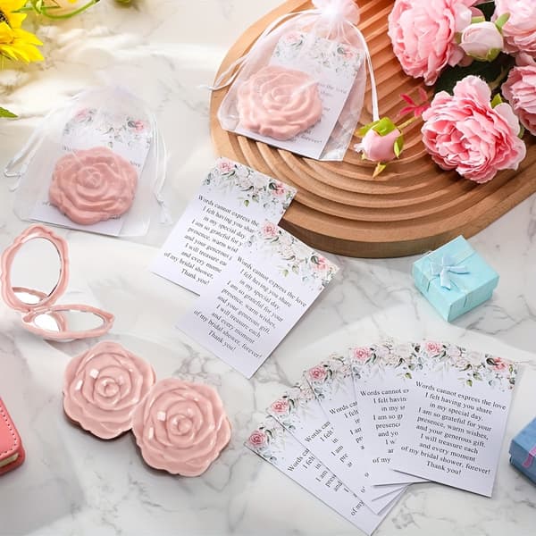 Sæt med 9 lyserøde spejle – Foldbare lommespejle med rosenblad-design – Gaver til brudepiger (Lyserød)