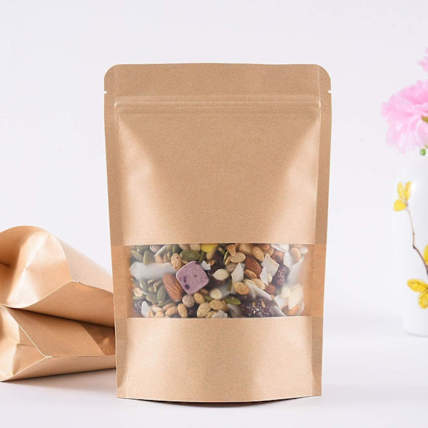100 stk. Kraftpapirposer med lynlås og klart vindue, genanvendelige lufttætte papirposer til opbevaring af nødder, kaffebønner (10*15cm)