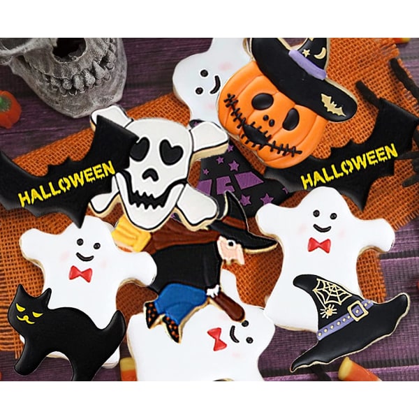 Halloween-kjekskjærersett, 7 stk. feriegresskarkjeksformer, flaggermus, spøkelse, hodeskalle, katt, heks og heksehatt