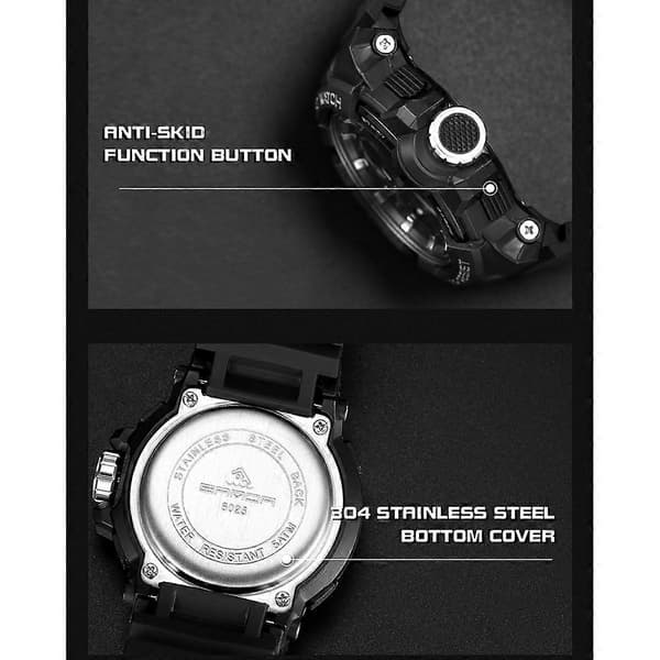 SANDA 6025 Dual Time Digital Display Vandtæt Quartz Ur Helt Sort