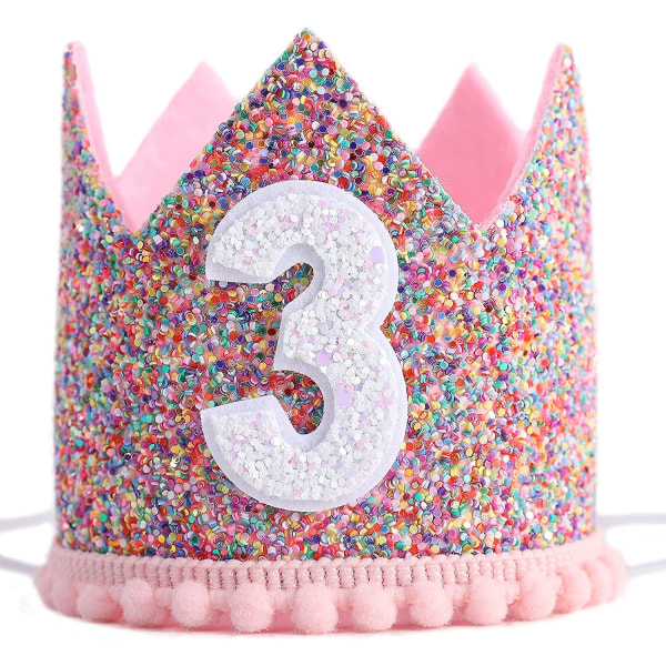 Sateenkaarikruunu 3. syntymäpäiväjuhliin - Glitter syntymäpäiväkruunu, syntymäpäivähatut lapsille, vauvan syntymäpäivävalokuvarekvisiitta, kruunu