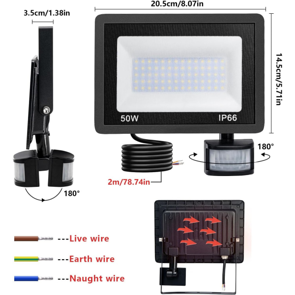 Ulkovalaisimet Liiketunnistimella, 50W PIR-valot Ulkokäyttöön Kaukosäätimellä, 6500K Led-turvavalaisimet Liiketunnistimella Verkkovirralla IP66 Black 50 Watts