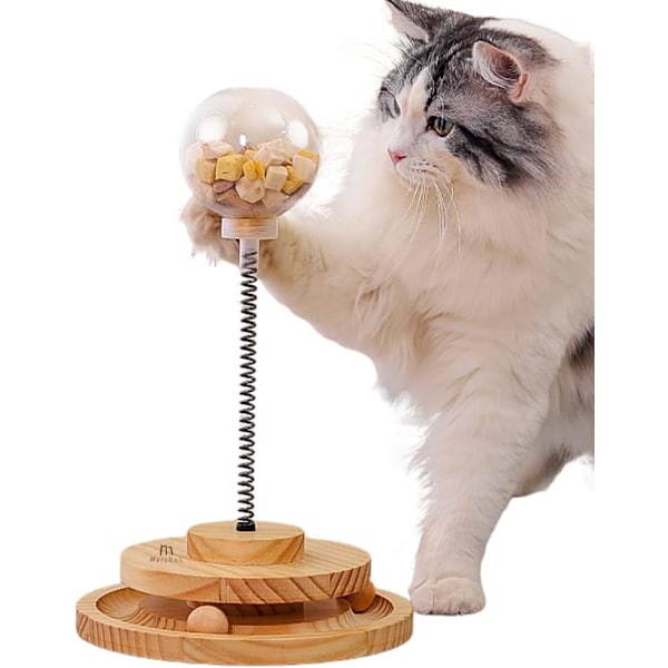 Katt Leksaker Interaktiva för Innekatter Kattunge Leksak, Katt Boll Leksak Katt Godis Fjäder Leksak med Cirkel Boll Spår, Trä Automatisk Katt Leksak Långsam Matare Tr Treat Toy
