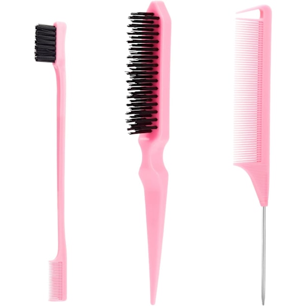 3 Pcs Slick Back Hair Brush Set with Edge Brush, Bristle Brush, Rat Tail Comb, Teasing Brush Set for Smoothing Baby Hair & Flyaways - Pink