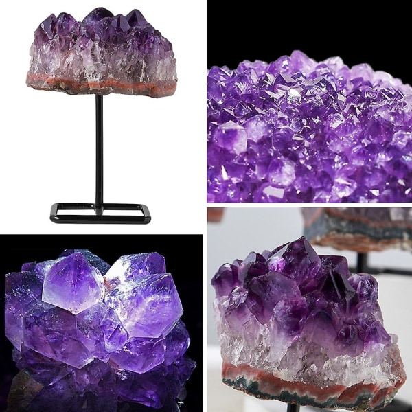 Naturlig Amethyst Kvarts Sten på Metal Stativ Ornament Hjem Dekoration