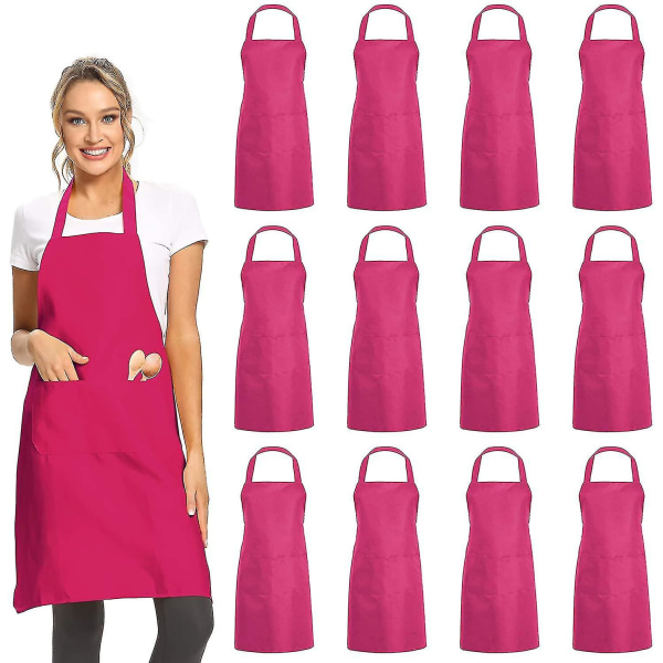 12 pakke almindelige smækforklæder med 2 lommer - Pink Unisex kommercielt forklæde Bulk til køkkenmadlavning Yl