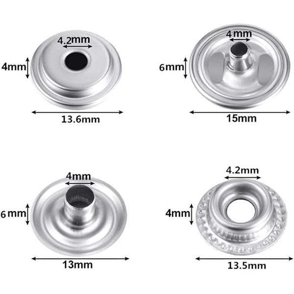 200 stk. tryklås-sæt, BetterJonny 15mm kraftig trykknap i rustfrit stål med tang og 3 indstillingsværktøjer til marine boa silver