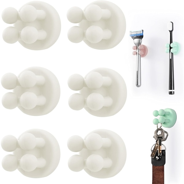 Silikon tannbørsteholdere 6 stk multifunksjonskrok barberhøvelholder vanntett selvklebende veggmontert enkel krok for vegg eller glass for oppheng White
