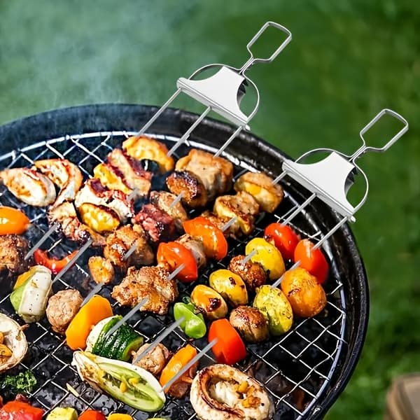 Sæt med 2 – 430 rustfrit stål BBQ-spyd – 14-tommer 3-gaffelsspyd i rustfrit stål
